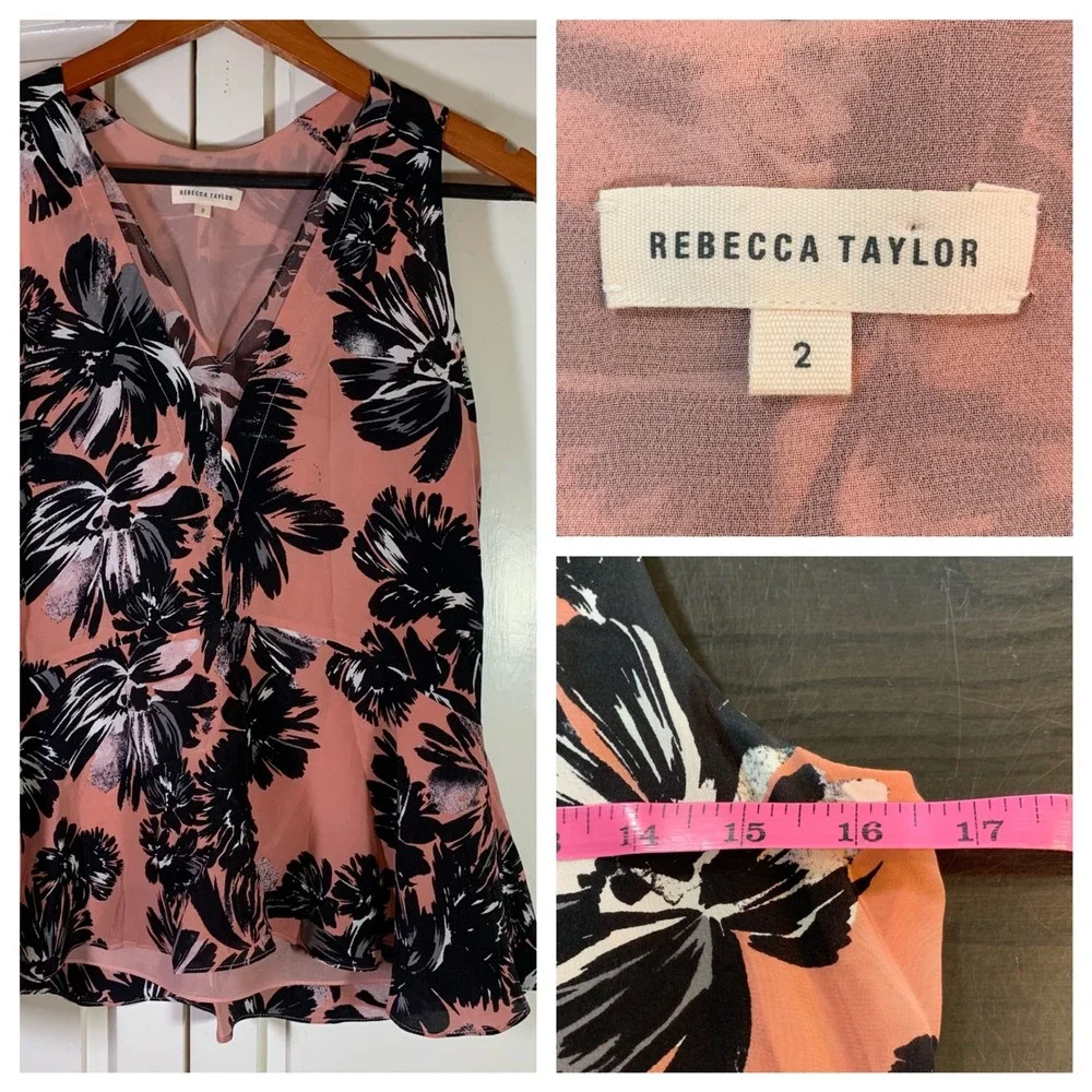 Rebecca Taylor Silk Floral Sleeveless Peplum Top Pink Black Size 2‎ Soft Grunge - Picture 10 of 10